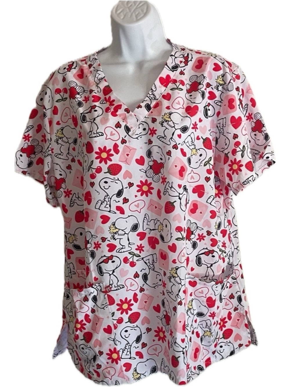 Peanuts Pink and Red Snoopy V-Neck Scrub Top